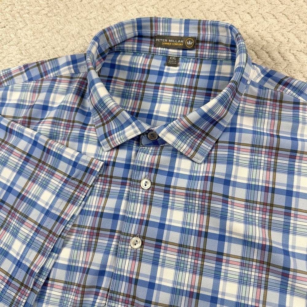 Peter Millar Polo Shirt Mens XXL Blue Plaid Summer Comfort Golf Short Sleeve